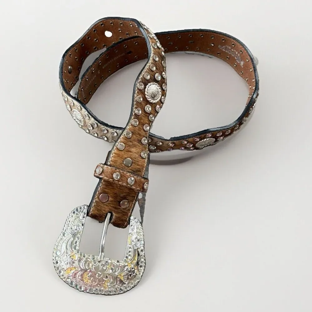 Nocona Womens Western Belt Hair On Hide Leather Rhinestone Concho Silver Small S
